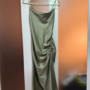 Elegant Olive Green Ruched Slip Dress XS